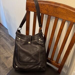 Beautiful Longchamp Leather Hobo shoulder bag deep brown w/ cream stitch